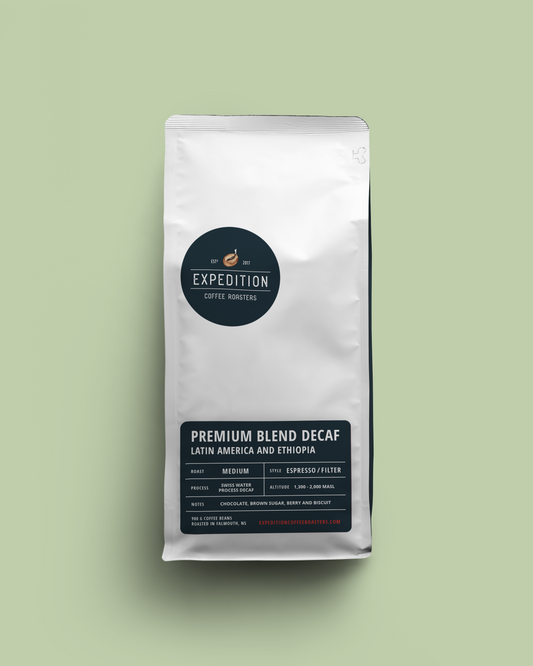 Coffee package with 900g of Expedition Coffee Roasters beans, label on a light green background