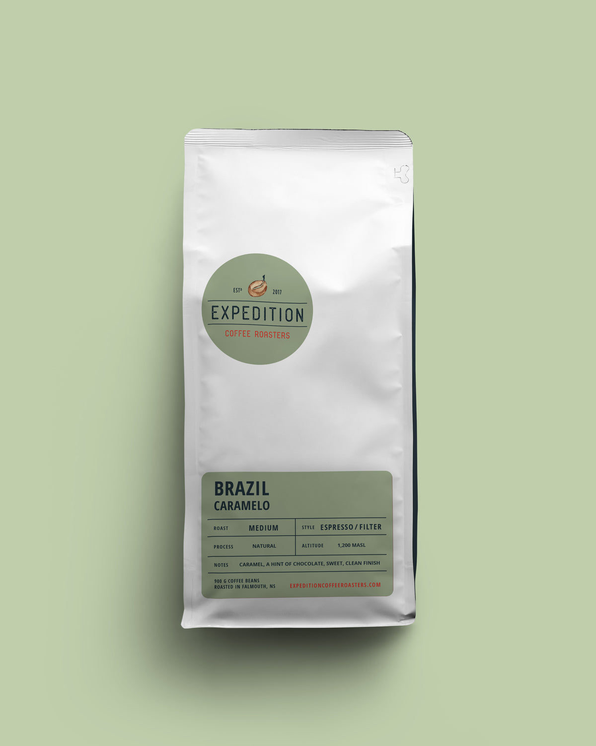Coffee bag labeled 'Expedition Coffee Roasters' on a light green background