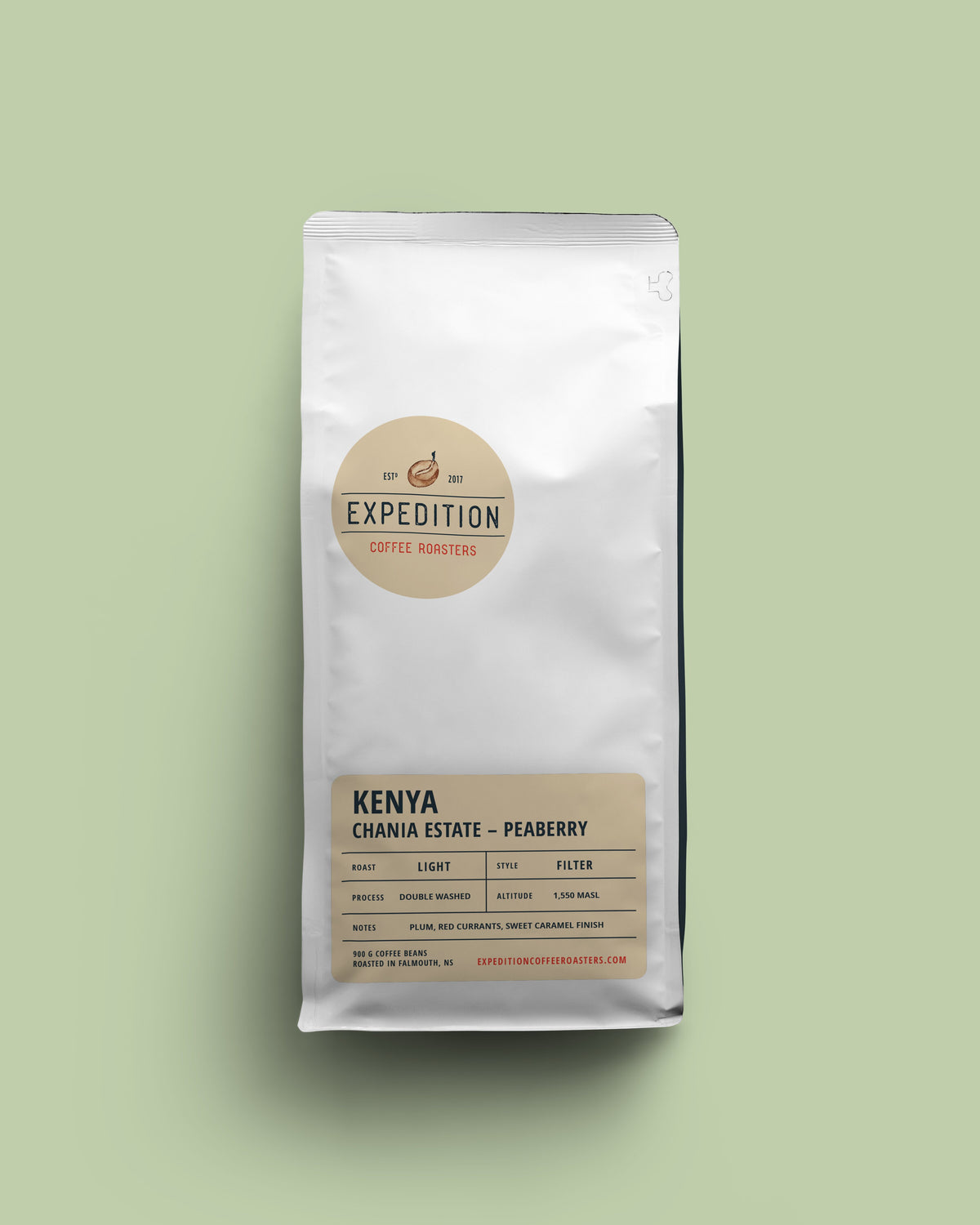 Kenya coffee bag labeled 'Expedition Coffee Roasters' on a light green background