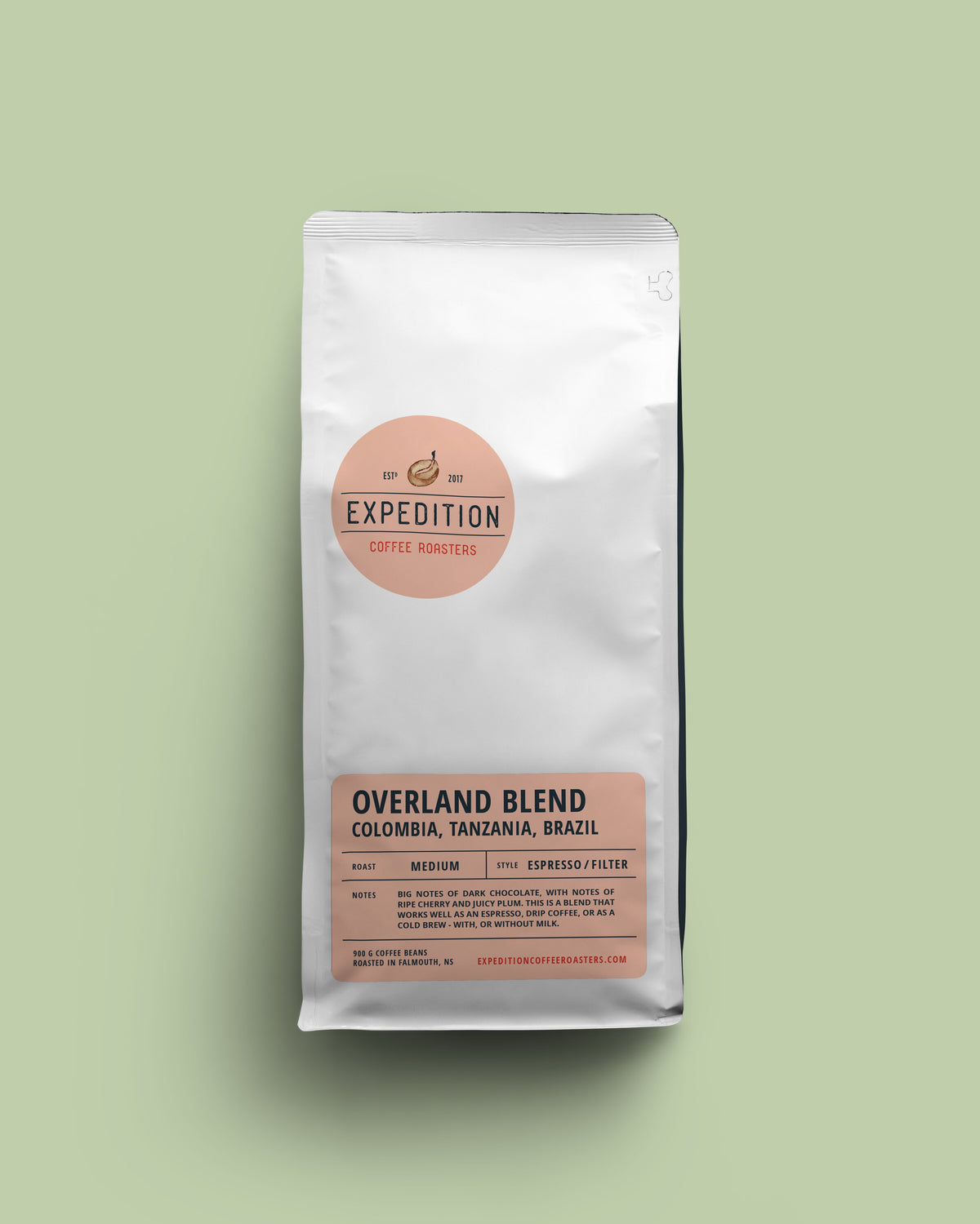 Coffee bag labeled 'Expedition Coffee Roasters' on a light green background