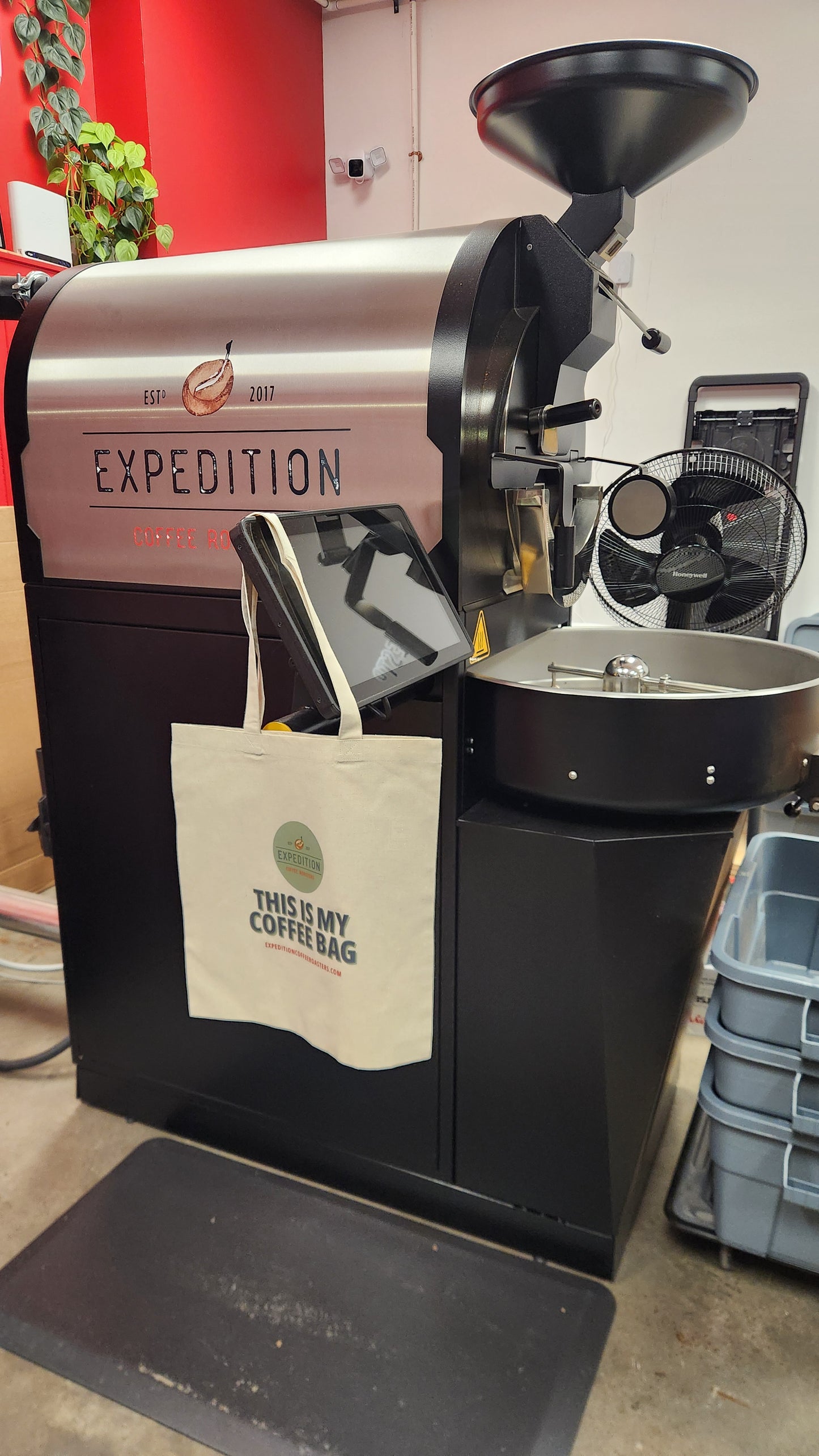 probat coffee roaster and expedition coffee roasters tote bag