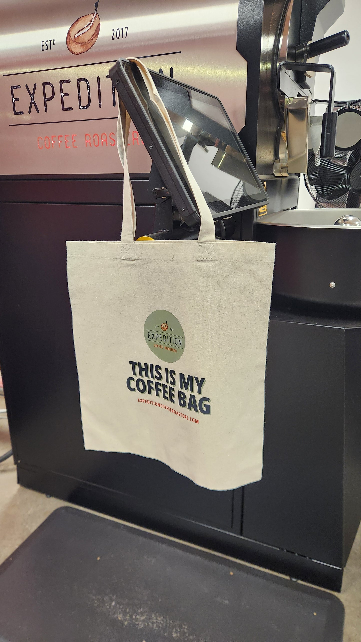 This is my coffee bag, tote bag from expedition coffee roasters, small batch canadian roaster